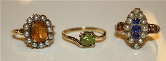 3 x 9ct gold gem set rings including seed pearl.